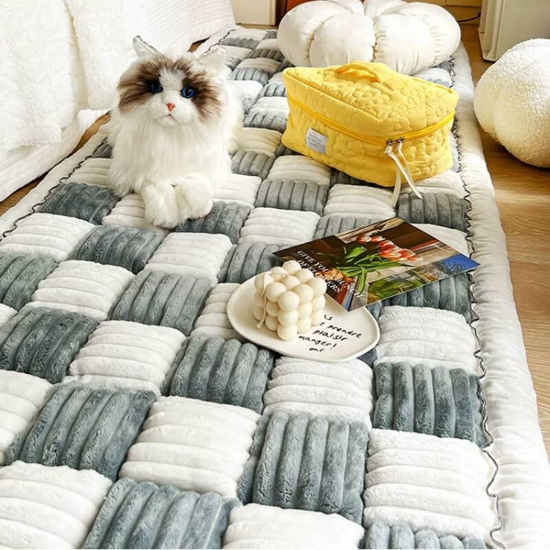 Cream-colored Large Plaid Square Fuzzy Pet Dog Mat Bed Sectional Couch Cover