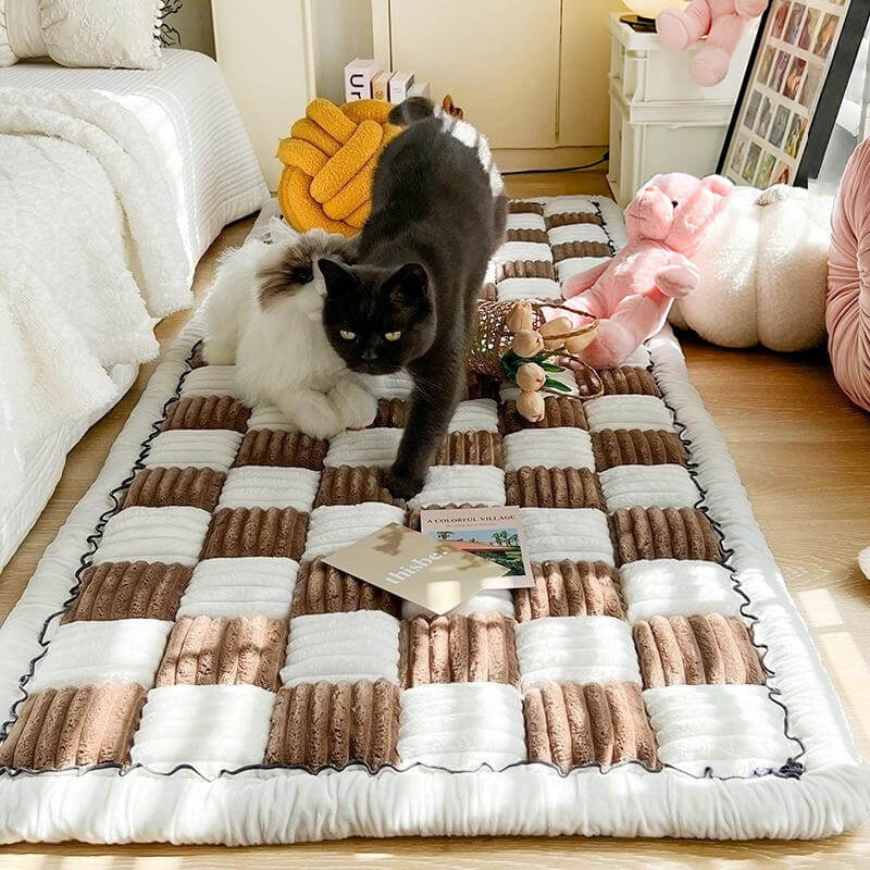 Cream-colored Large Plaid Square Fuzzy Pet Dog Mat Bed Sectional Couch Cover