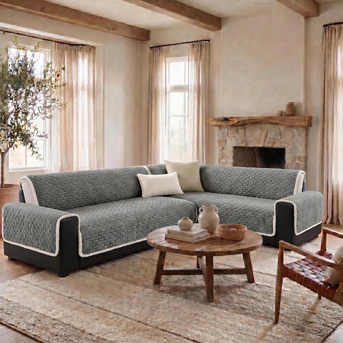 One-Piece Plush Scratch-Resistant Large Sectional Couch Covers with Elastic Straps