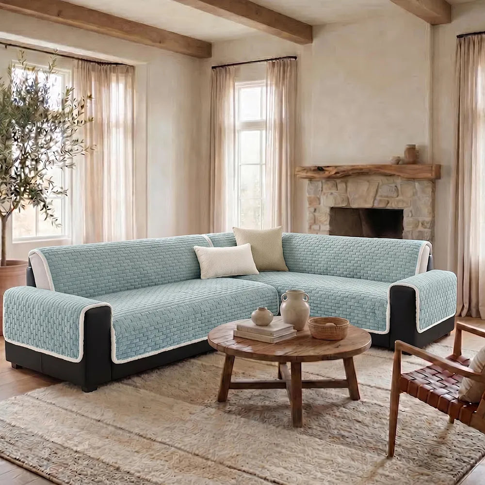 One-Piece Plush Scratch-Resistant Large Sectional Couch Covers with Elastic Straps