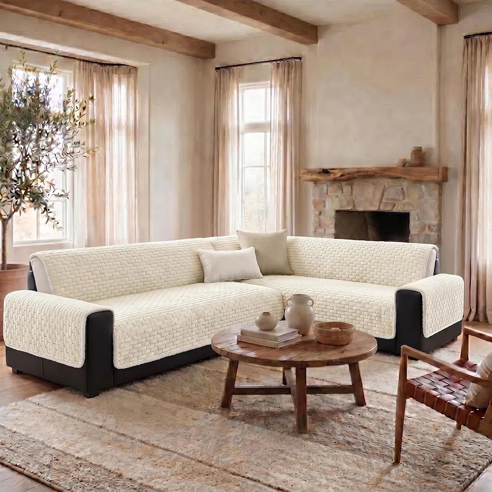 One-Piece Plush Scratch-Resistant Large Sectional Couch Covers with Elastic Straps
