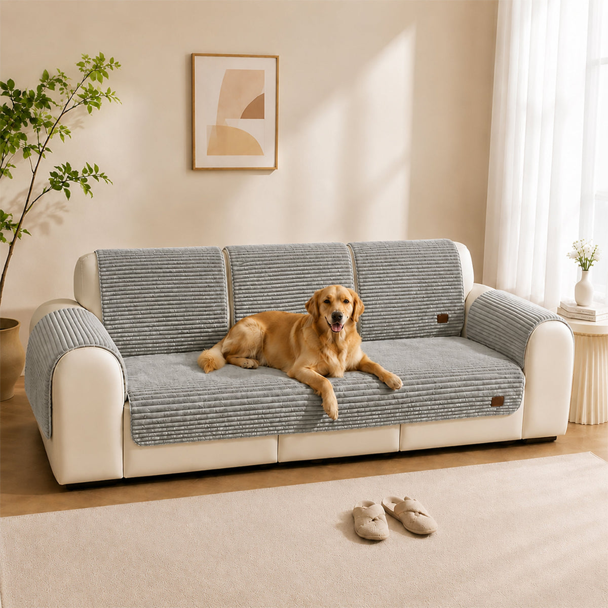 Furry Striped Sofa Protection Non-Slip Plush Recliner Couch Cover Sectional Couch Cover - Solid
