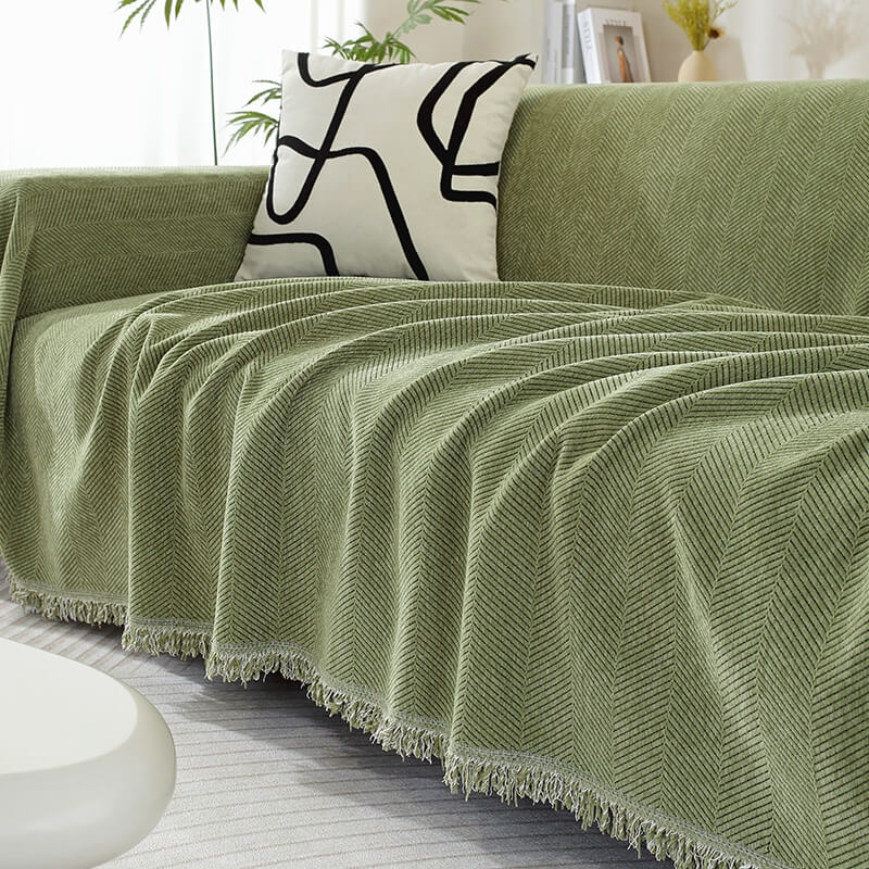Chenille Blanket Herringbone Tassel Armchair Cover