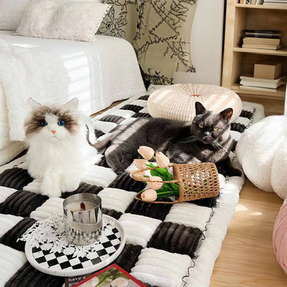 Cream-colored Large Plaid Square Fuzzy Pet Dog Mat Bed Sectional Couch Cover