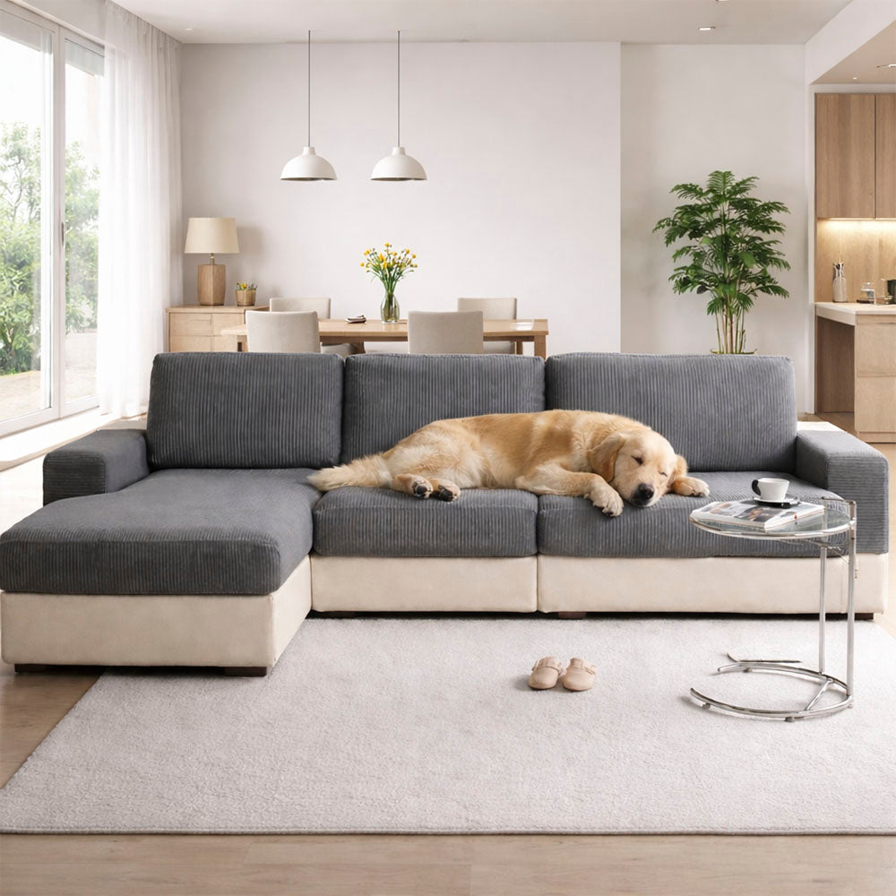 Vertical Stripe Corduroy Anti-Scratch Stretch Full-Cover Sectional Couch Cover