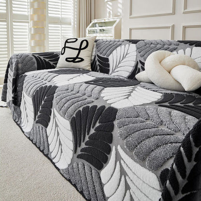 Pet-Friendly Thickened Soft Plush Leaf-Patterned Sofa Throw Couch Cover