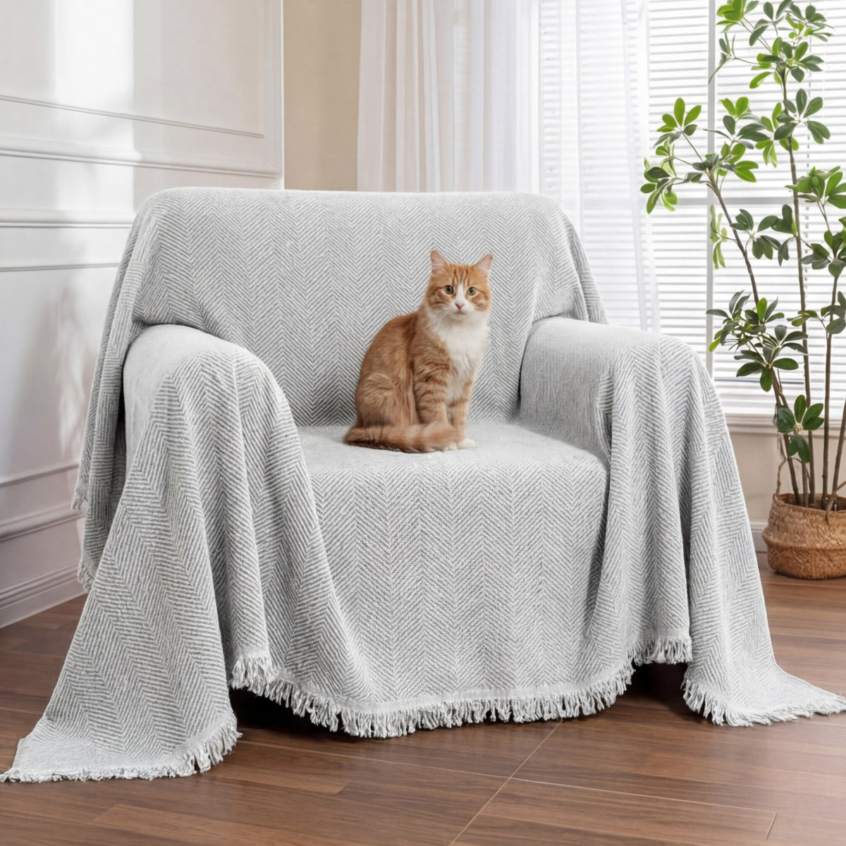 Chenille Blanket Herringbone Tassel Armchair Cover