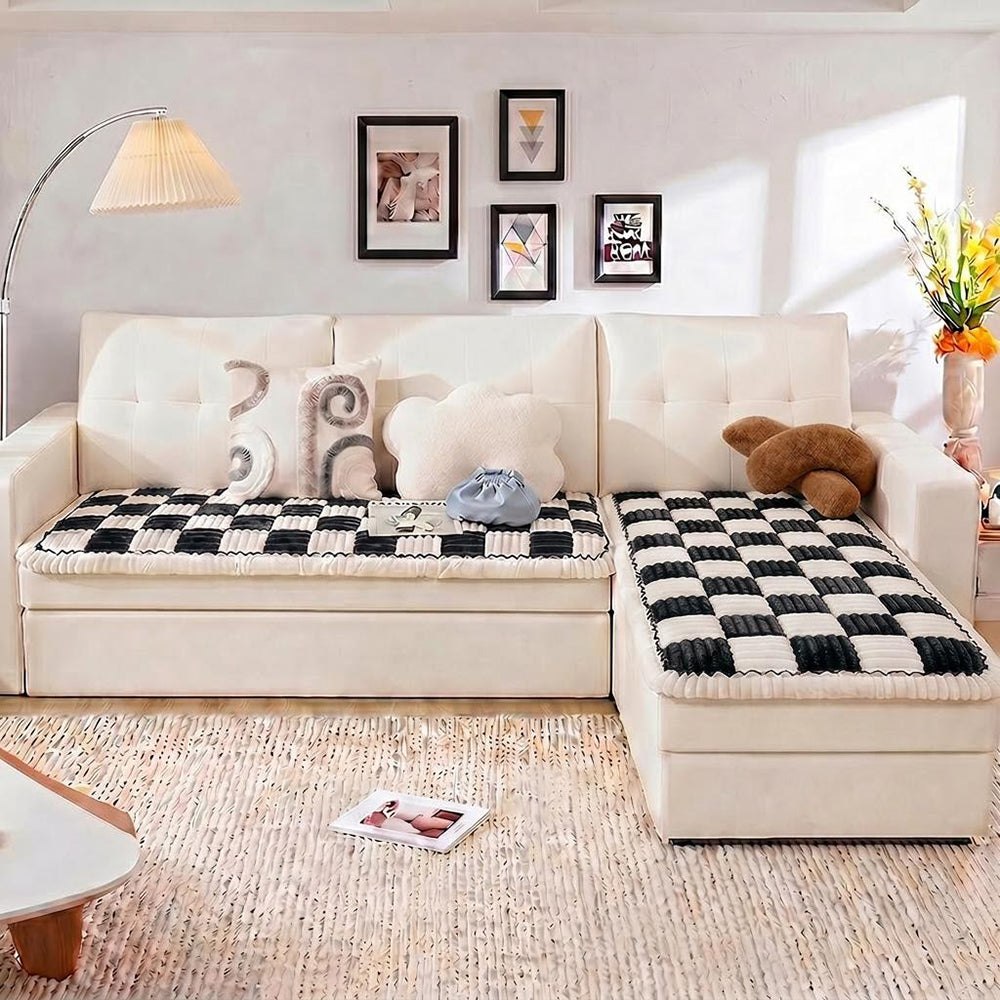 Cream-colored Large Plaid Square Fuzzy Pet Dog Mat Bed Sectional Couch Cover