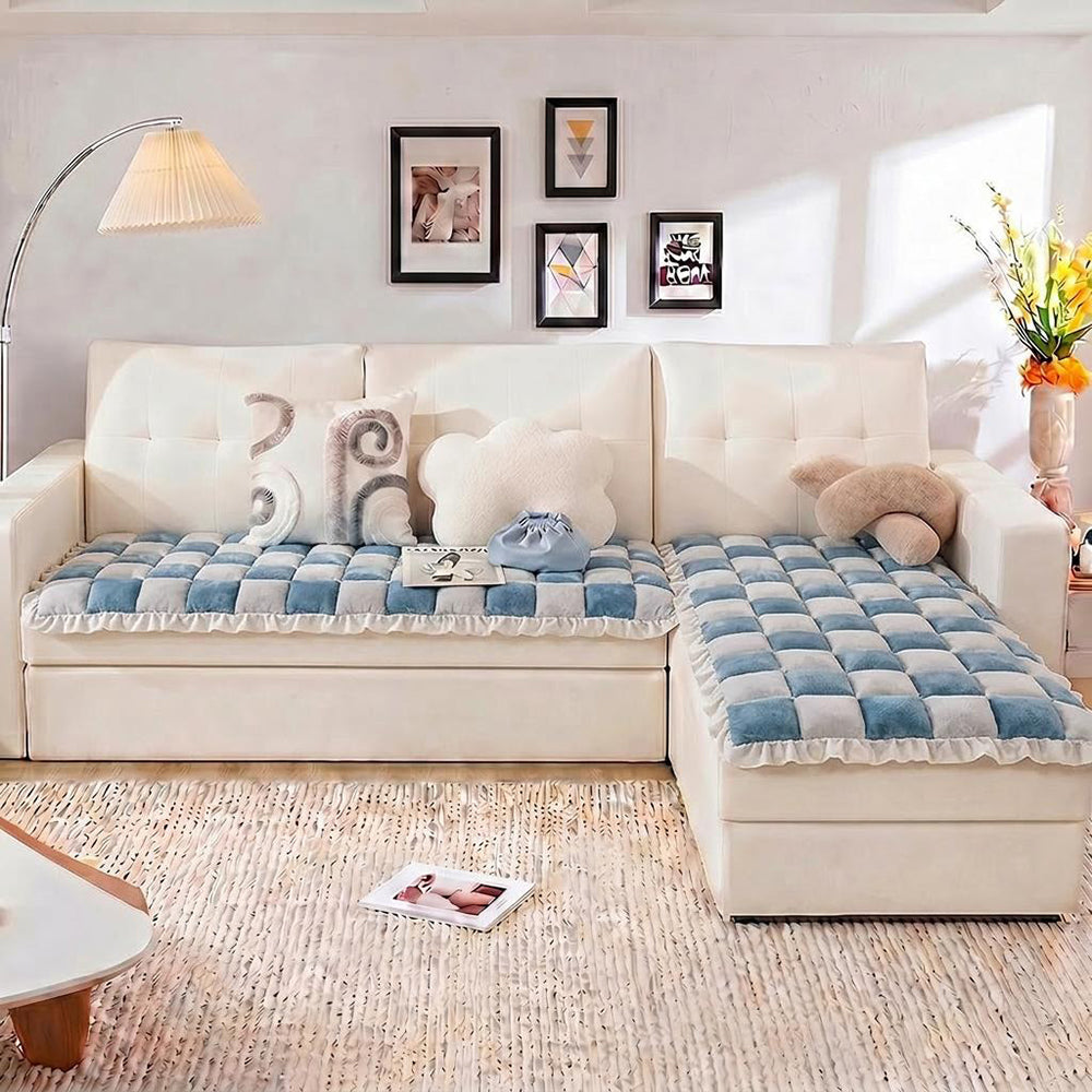 Cream-colored Large Plaid Square Fuzzy Pet Dog Mat Bed Sectional Couch Cover