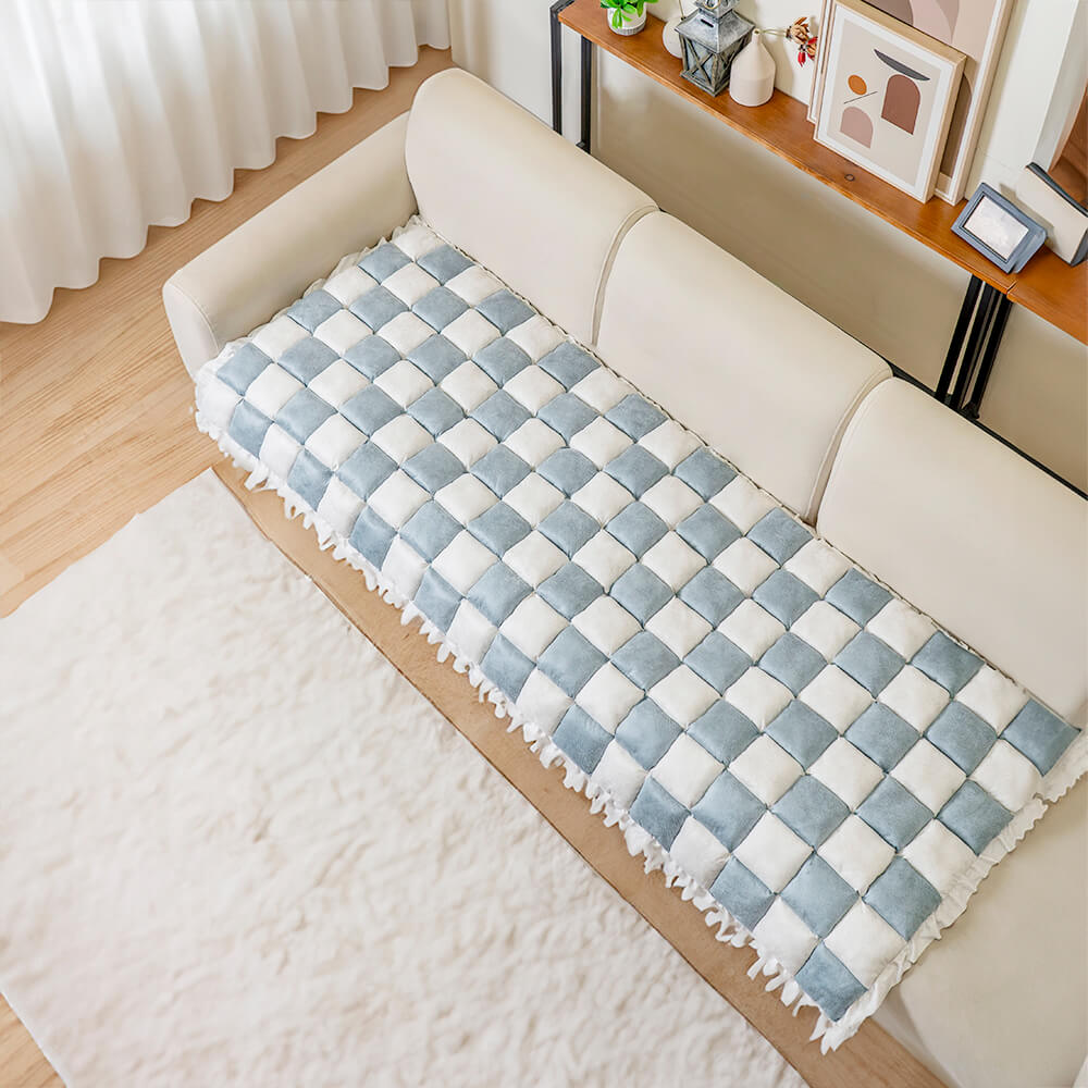 Cream-colored Large Plaid Square Fuzzy Pet Dog Mat Bed Sectional Couch Cover