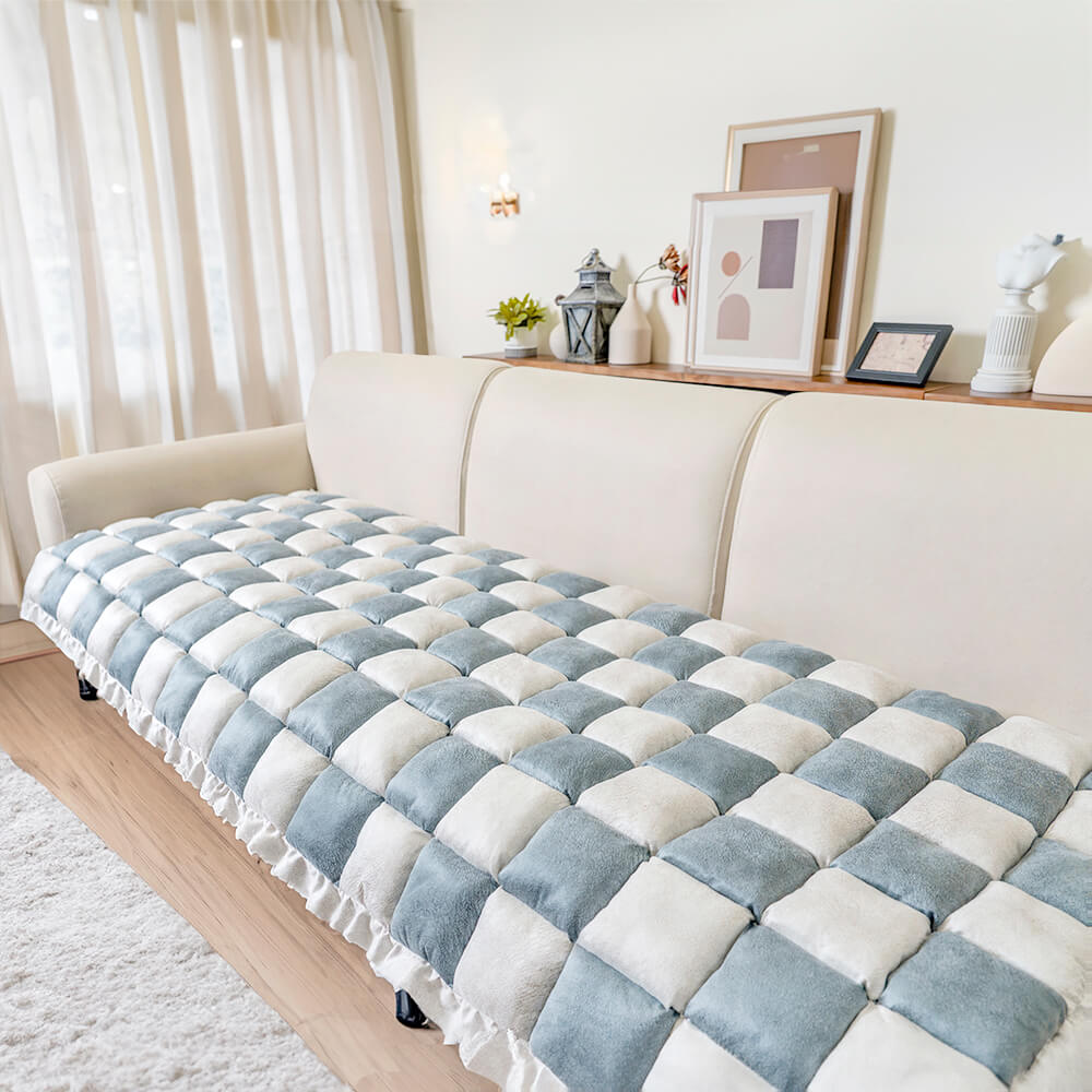 Cream-colored Large Plaid Square Fuzzy Pet Dog Mat Bed Sectional Couch Cover