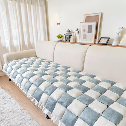 Cream-colored Large Plaid Square Fuzzy Pet Dog Mat Bed Sectional Couch Cover