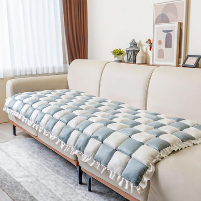 Cream-colored Large Plaid Square Fuzzy Pet Dog Mat Bed Sectional Couch Cover