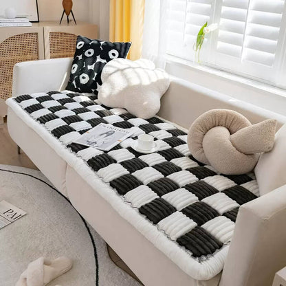 Cream-colored Large Plaid Square Fuzzy Pet Dog Mat Bed Sectional Couch Cover