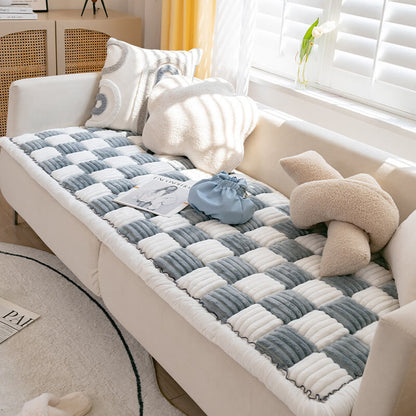 Cream-colored Large Plaid Square Fuzzy Pet Dog Mat Bed Sectional Couch Cover