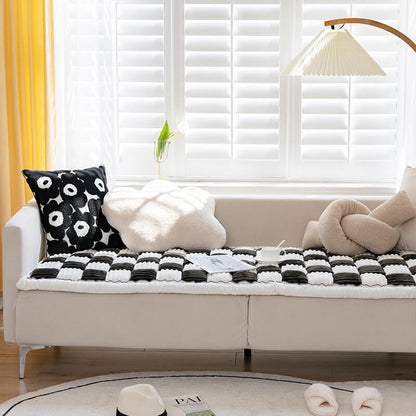 Cream-colored Large Plaid Square Fuzzy Pet Dog Mat Bed Sectional Couch Cover