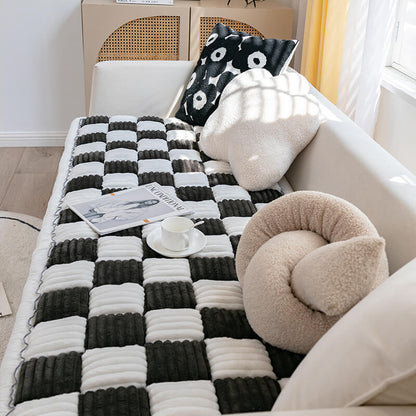 Cream-colored Large Plaid Square Fuzzy Pet Dog Mat Bed Sectional Couch Cover