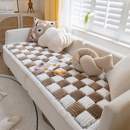 Cream-colored Large Plaid Square Fuzzy Pet Dog Mat Bed Sectional Couch Cover