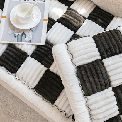 Cream-colored Large Plaid Square Fuzzy Pet Dog Mat Bed Sectional Couch Cover