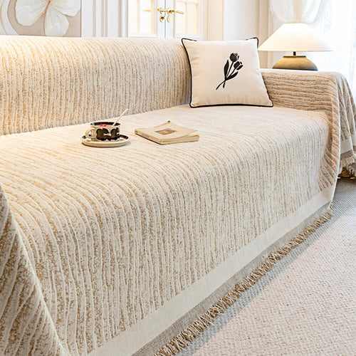 Cream Chenille Textured Pet-Friendly Anti-Scratch Throw Couch Cover