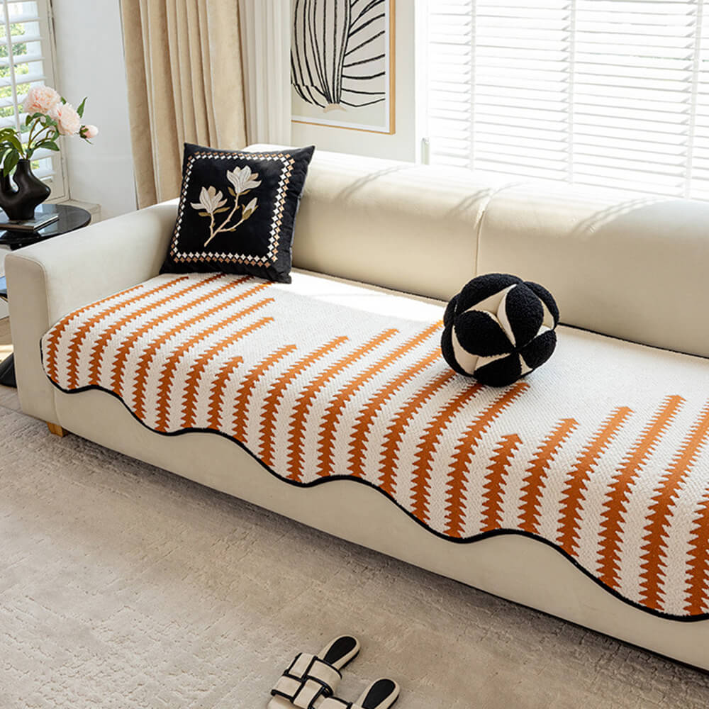 Modern Chevron Stripes Chenille One-Piece Couch Cover with Wavy Edges