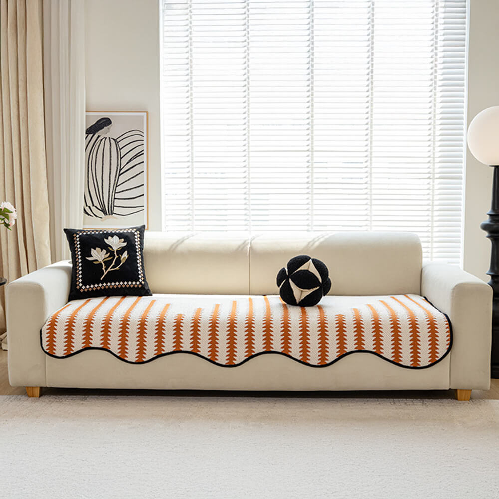 Modern Chevron Stripes Chenille One-Piece Couch Cover with Wavy Edges