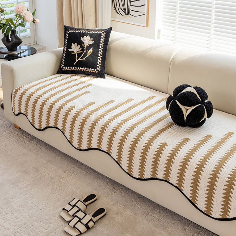 Modern Chevron Stripes Chenille One-Piece Couch Cover with Wavy Edges