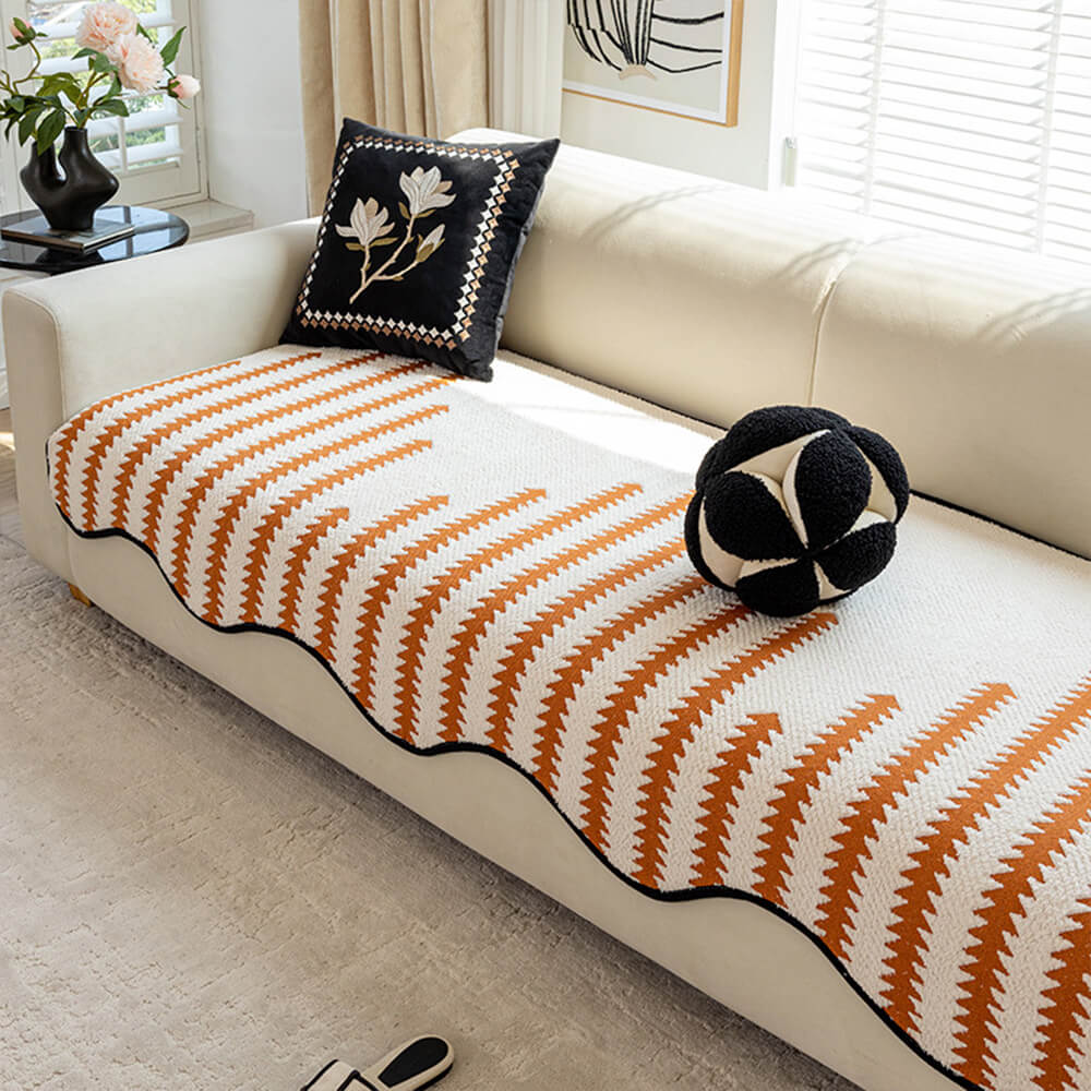 Modern Chevron Stripes Chenille One-Piece Couch Cover with Wavy Edges