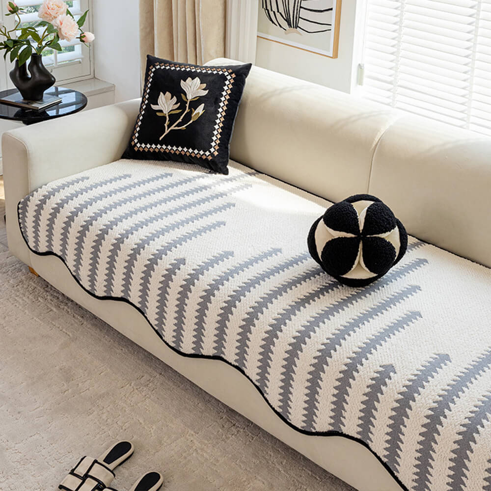 Modern Chevron Stripes Chenille One-Piece Couch Cover with Wavy Edges