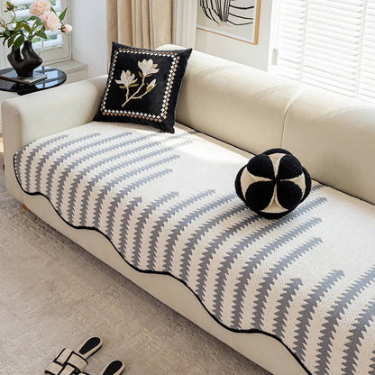 Modern Chevron Stripes Chenille One-Piece Couch Cover with Wavy Edges