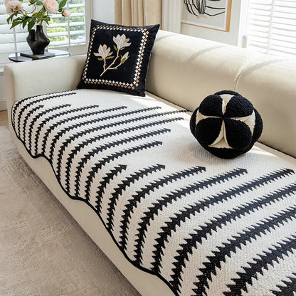 Modern Chevron Stripes Chenille One-Piece Couch Cover with Wavy Edges