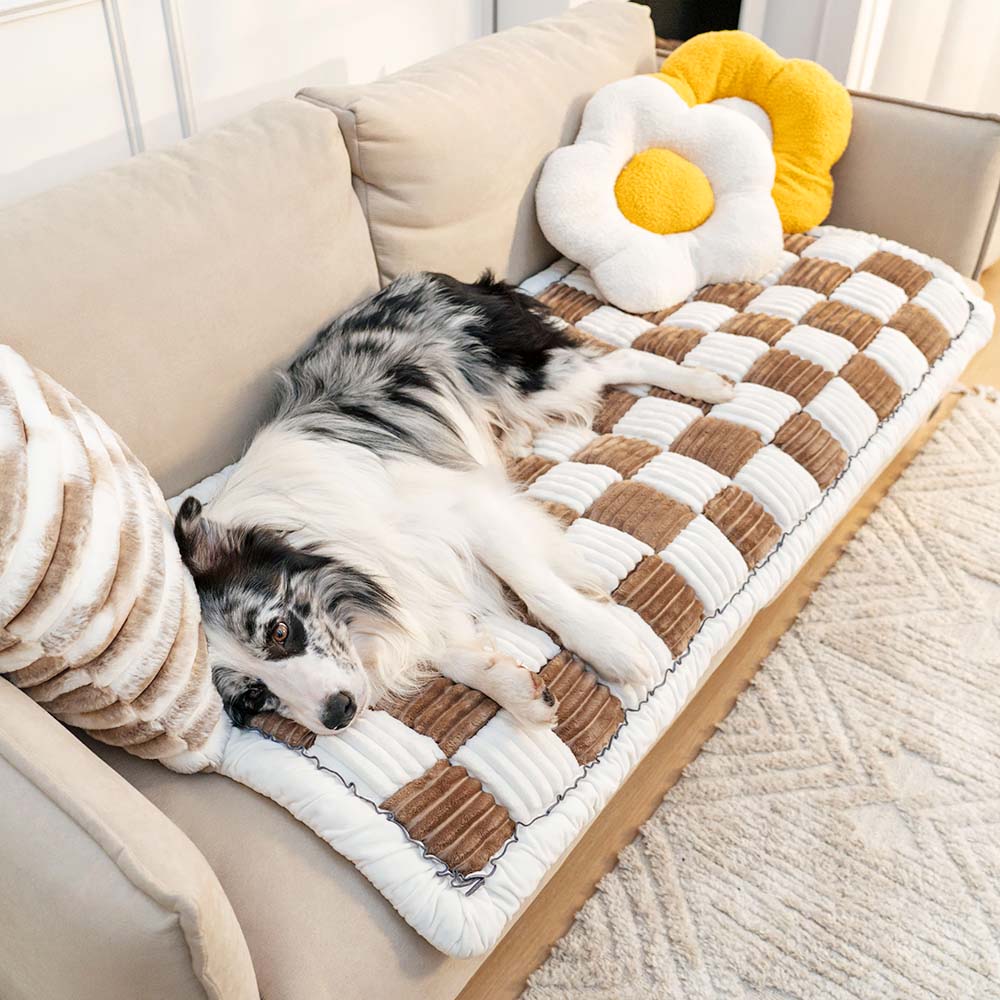 Cream-colored Large Plaid Square Fuzzy Pet Dog Mat Bed Sectional Couch Cover