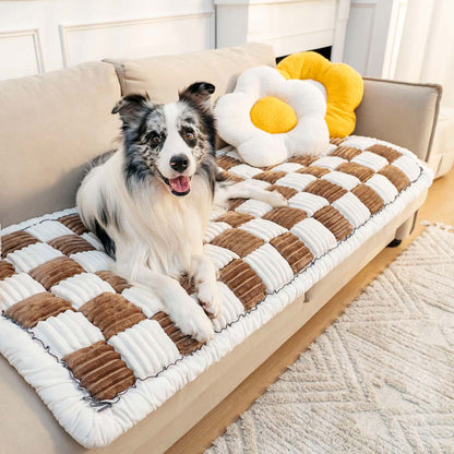 Cream-colored Large Plaid Square Fuzzy Pet Dog Mat Bed Sectional Couch Cover