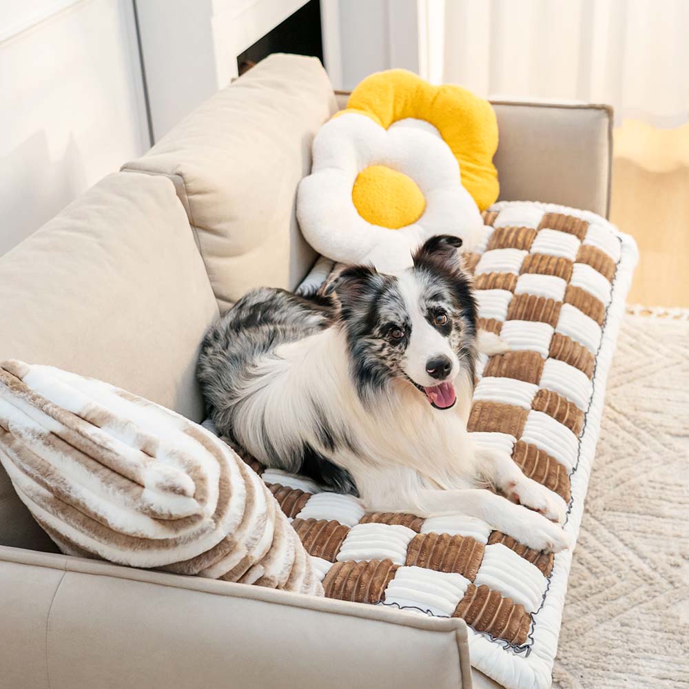 Cream-colored Large Plaid Square Fuzzy Pet Dog Mat Bed Sectional Couch Cover
