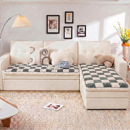 Cream-colored Large Plaid Square Fuzzy Pet Dog Mat Bed Sectional Couch Cover