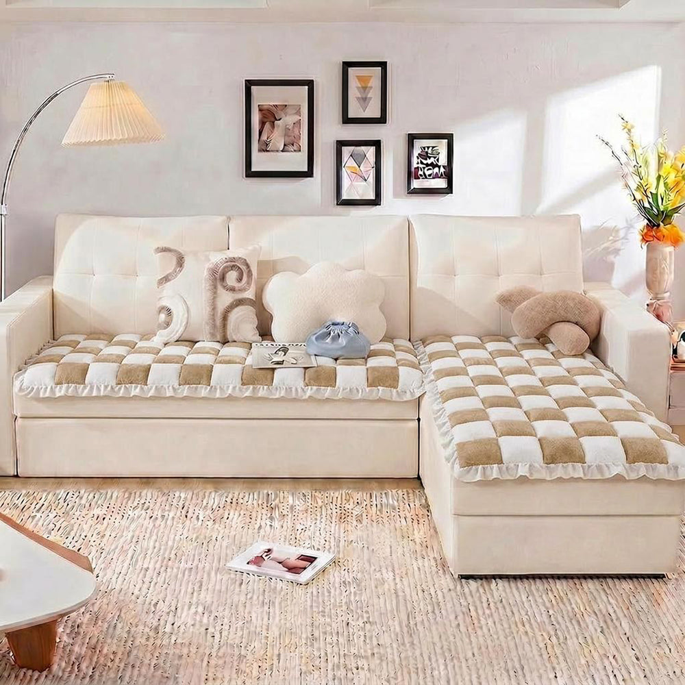 Cream-colored Large Plaid Square Fuzzy Pet Dog Mat Bed Sectional Couch Cover