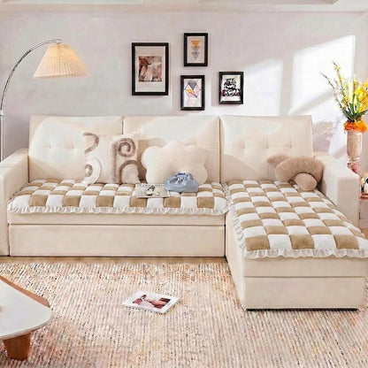 Cream-colored Large Plaid Square Fuzzy Pet Dog Mat Bed Sectional Couch Cover