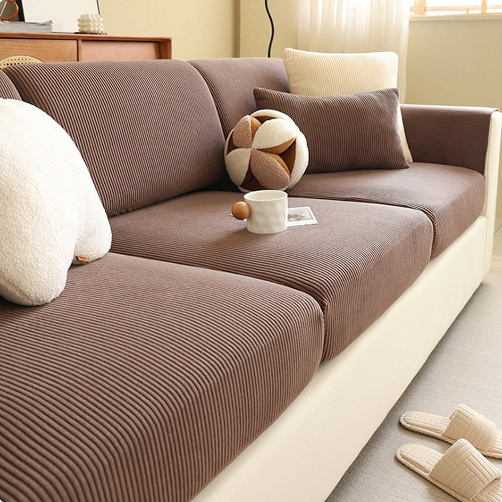 Vertical Stripe Corduroy Anti-Scratch Stretch Full-Cover Sectional Couch Cover
