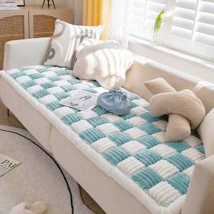 Cream-colored Large Plaid Square Fuzzy Pet Dog Mat Bed Sectional Couch Cover