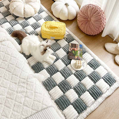 Cream-colored Large Plaid Square Fuzzy Pet Dog Mat Bed Sectional Couch Cover