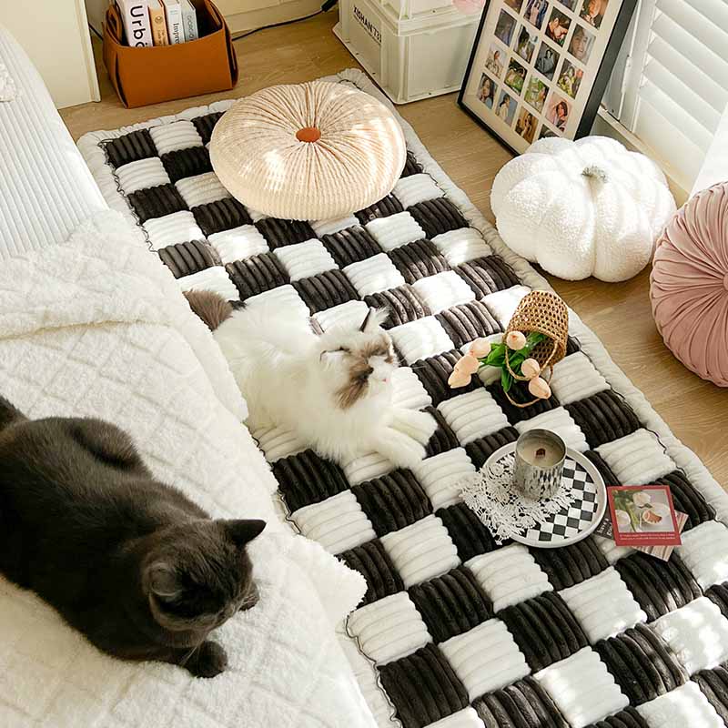 Cream-colored Large Plaid Square Fuzzy Pet Dog Mat Bed Sectional Couch Cover