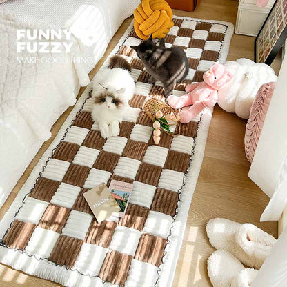 Cream-colored Large Plaid Square Fuzzy Pet Dog Mat Bed Sectional Couch Cover