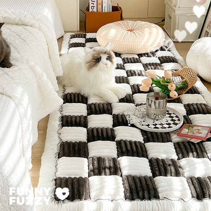Cream-colored Large Plaid Square Fuzzy Pet Dog Mat Bed Sectional Couch Cover