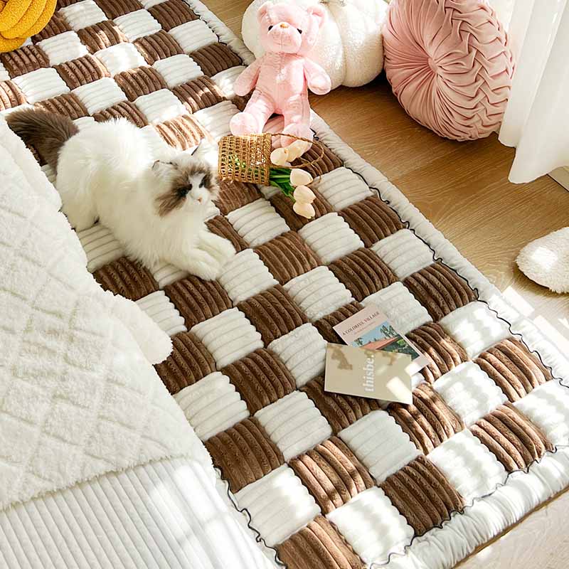 Cream-colored Large Plaid Square Fuzzy Pet Dog Mat Bed Sectional Couch Cover