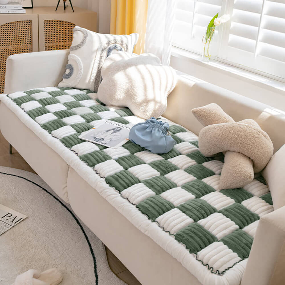 Cream-colored Large Plaid Square Fuzzy Pet Dog Mat Bed Sectional Couch Cover