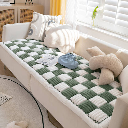 Cream-colored Large Plaid Square Fuzzy Pet Dog Mat Bed Sectional Couch Cover