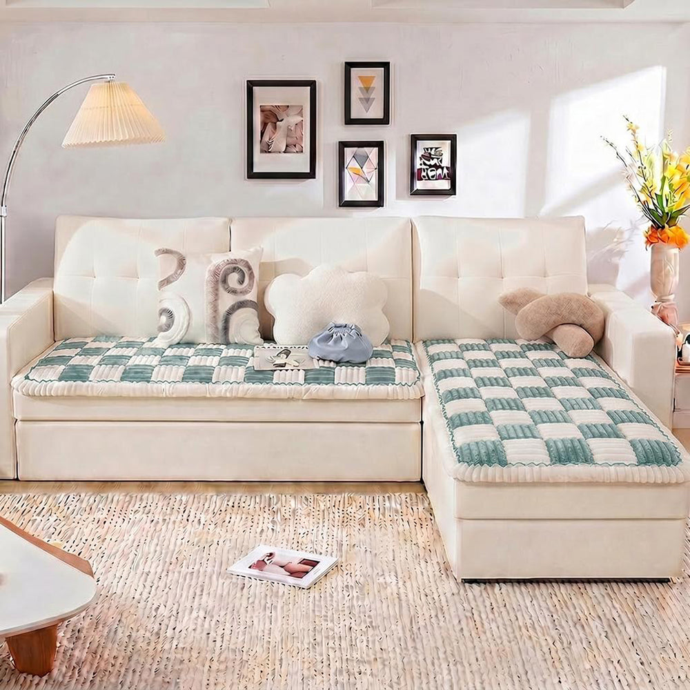 Cream-colored Large Plaid Square Fuzzy Pet Dog Mat Bed Sectional Couch Cover