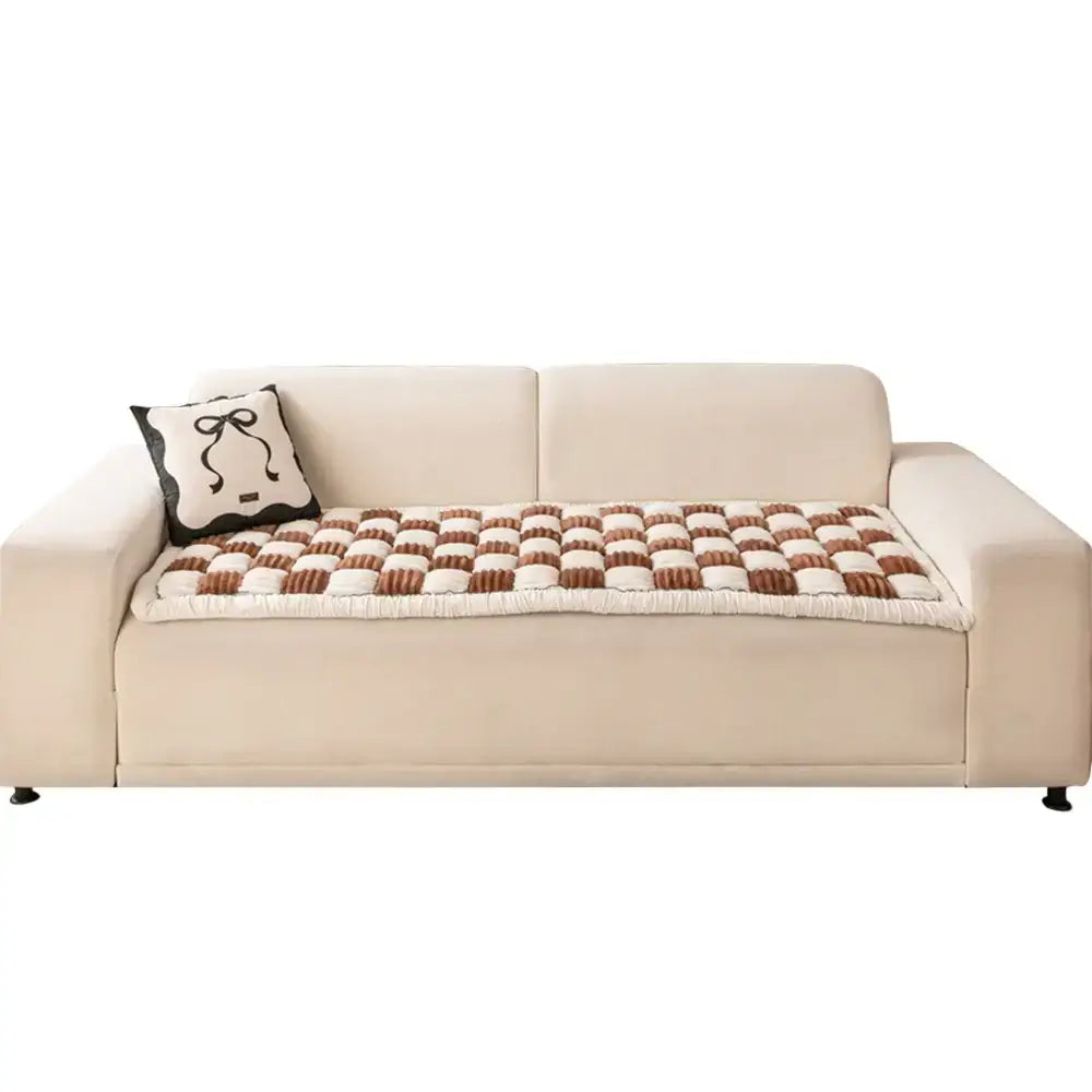 Cream-colored Large Plaid Square Fuzzy Pet Dog Mat Bed Sectional Couch Cover